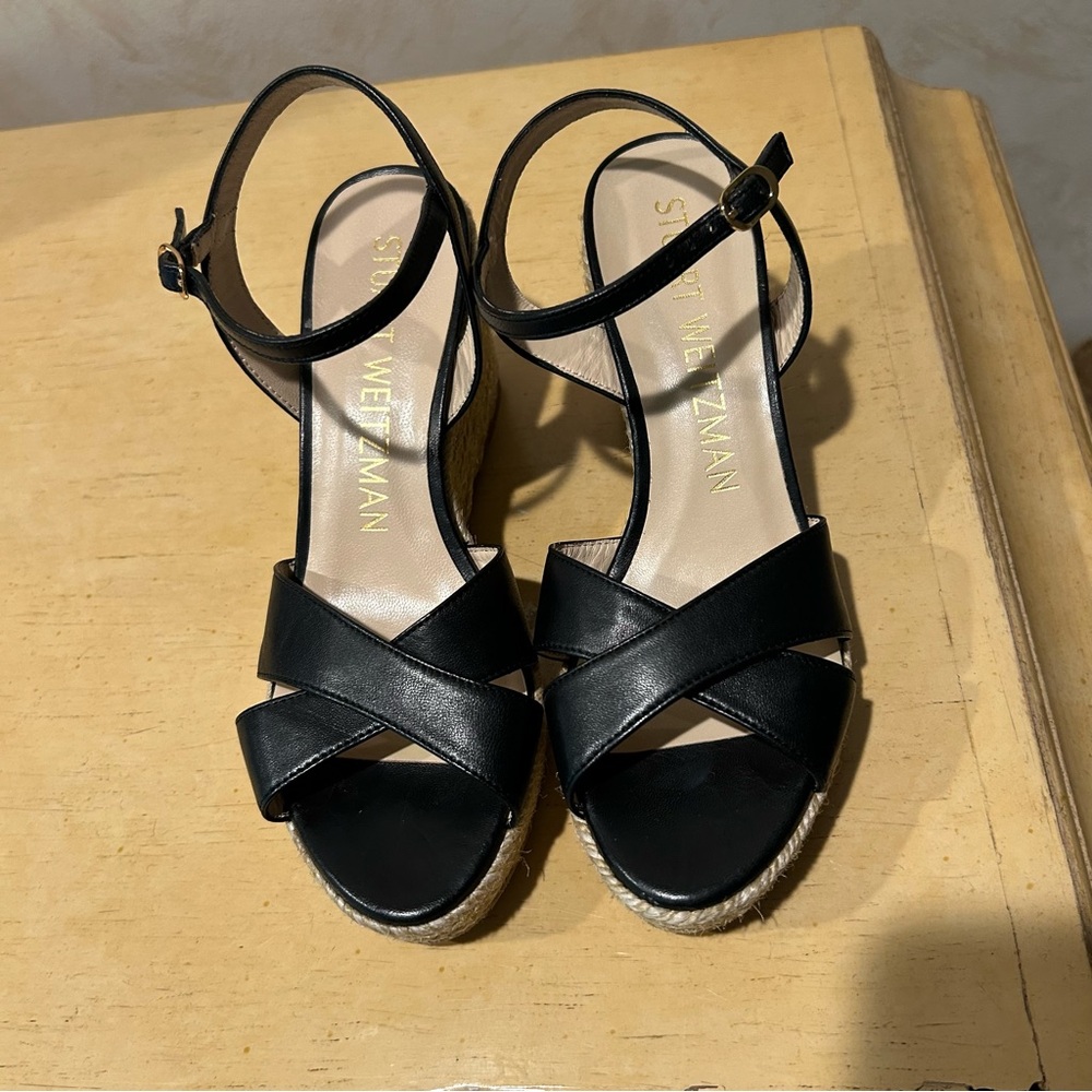 Stuart Weitzman black leather espadrille wedge 
Sandal in size 6.5